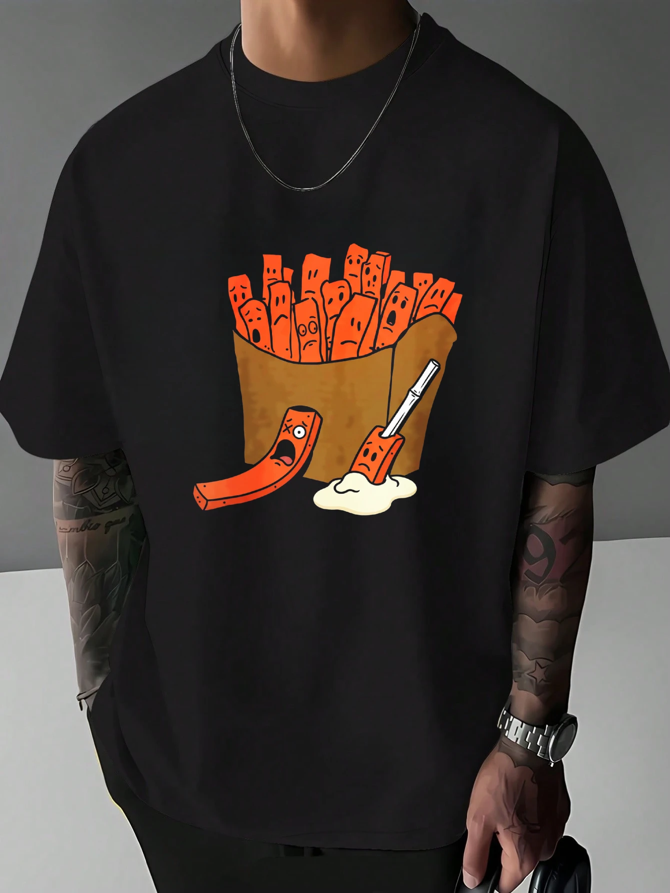 Mens Funny Cartoon French Fries Graphic T Shirt Fast Food Character Print Short Sleeve Crew Neck Casual Cotton Male Daily Tee