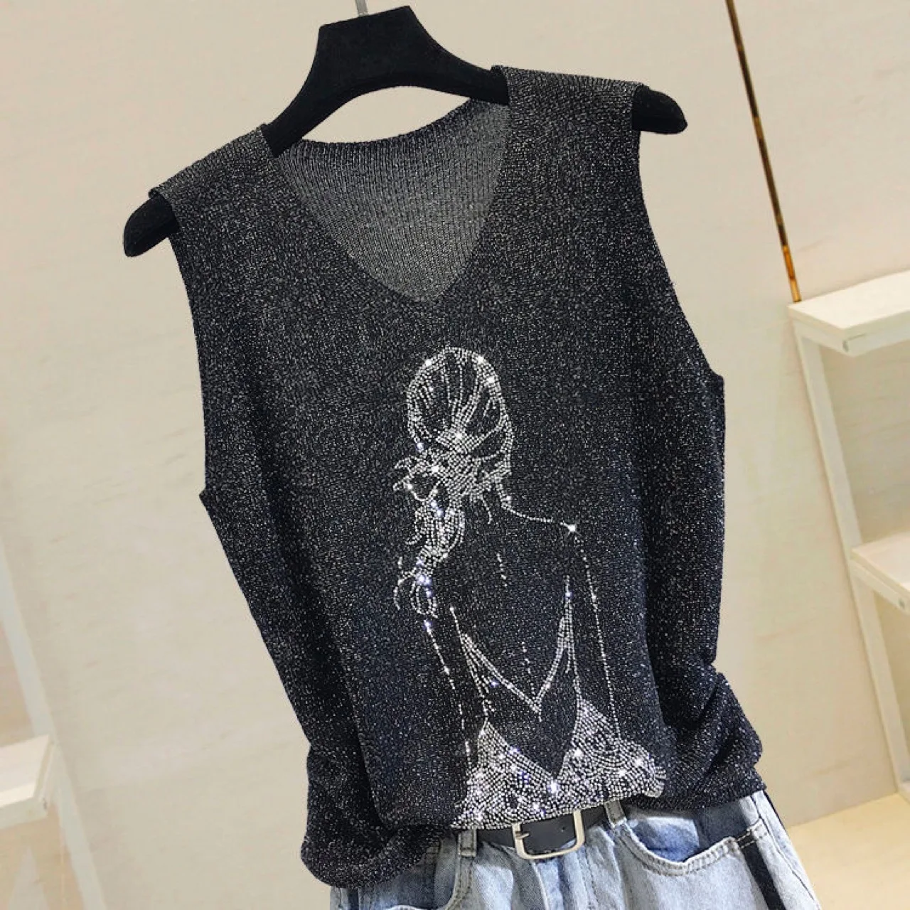 Women Girls Diamonds Knitted Tank Tops Vintage Sleeveless Knitwear T-Shirt Summer Thin Bright Silk Cropped Pullover V-Neck