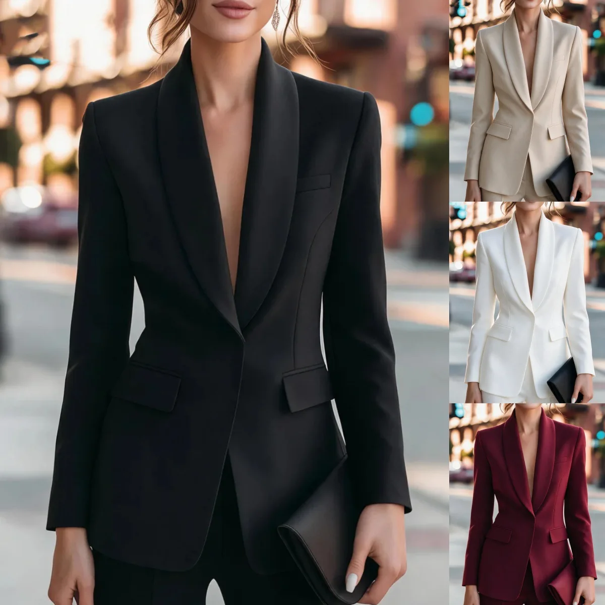 Women Formal Blazer Jacket Shawl Lapel Deep V Neck Shoulder Pad Long Sleeve Slim Office Business Coat