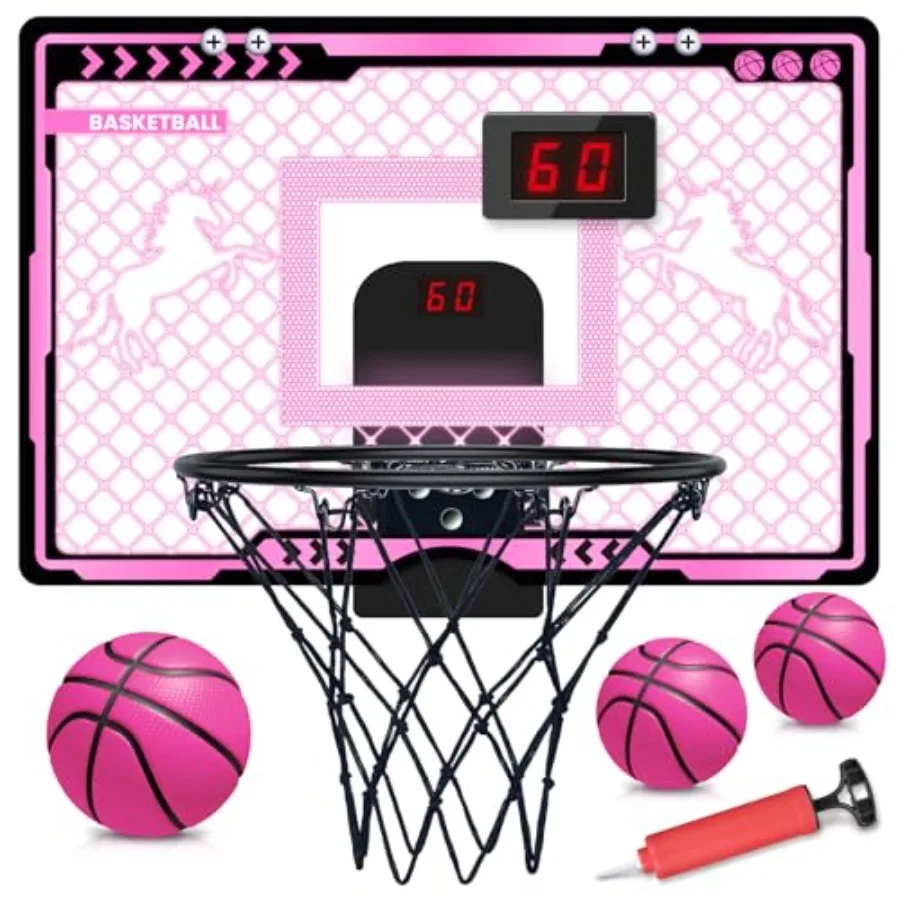 

Indoor Basketball Hoop with Electronic Scoreboard and LED Light Pink Over The Door Basketball Toy for Aged 4 5 6 7 8+Years Old