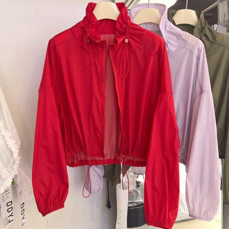

Women's Drawstring Waist UV Protection Clothing Design Loose Stand Collar Breathable Casual Versatile Sun Protection Jacket