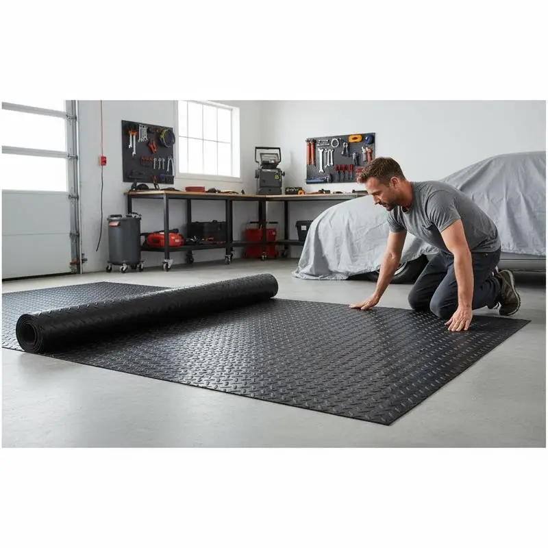 Diamond Board Rubber Floor Roll, Rubber Garage Floor Roll, Used Under Cars, Garages, Industries, Gyms, Black