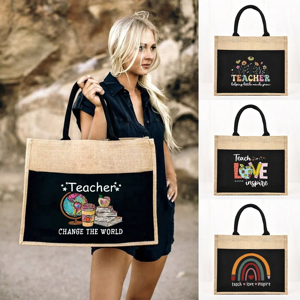 Tote Bag Reusable Jute Shopping Bag Large Capacity  Linen Grocery Bags Teacher Series Beach Vintage Imitation Sacks Handbags 