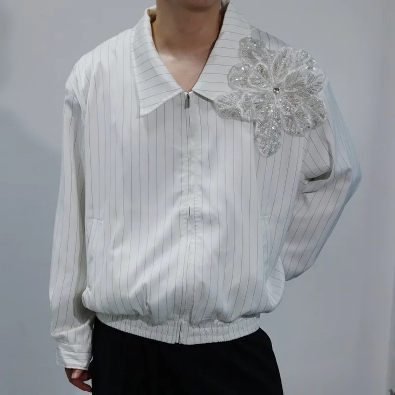 WVGA Spring New Men Tide Pearl Three-Dimensional Detachable Flower Decoration Striped Trendy Jacket Niche Casual Coat Ins W20946
