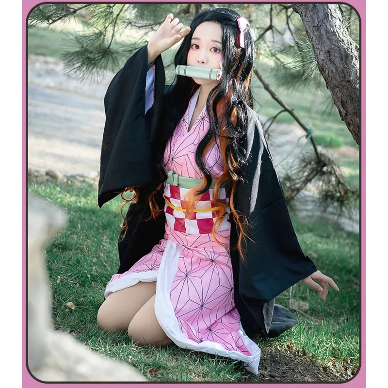 Kamado Nezuko Cosplay Costume for Women Demon Slayer Anime Outfit Uniform Accessories Set for Comic Con Party Kimetsu No Yaiba