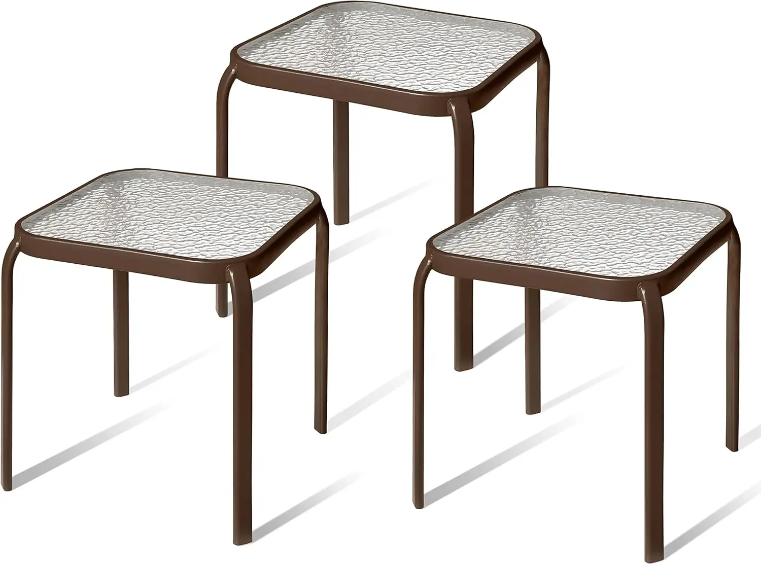 Set of 3 16-inch Square Outdoor Side Tables with Bronze Metal and Tempered Glass Top, for Garden - Elegant and Weather-Resistant