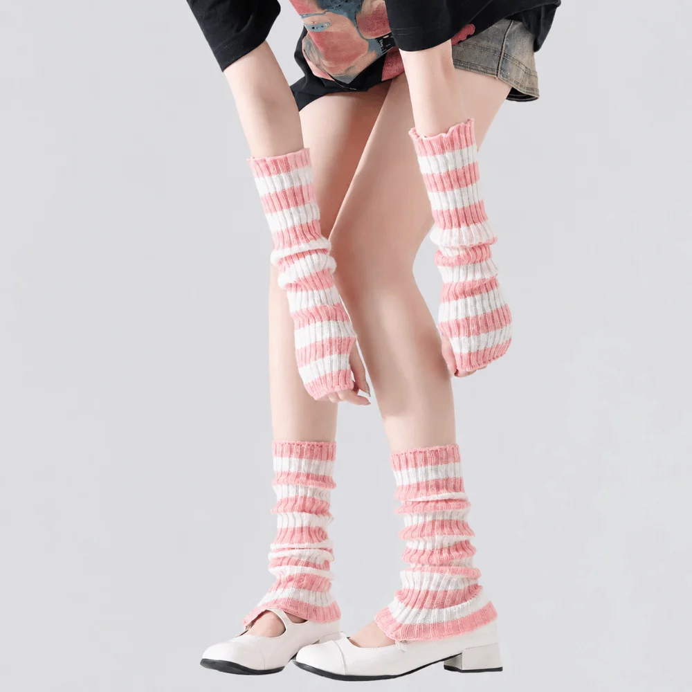 Y2k Knitting Gloves Socks Set Stripe Over Knee Length Socks Arm Warmer Mitten Fingerless Gloves Breathable