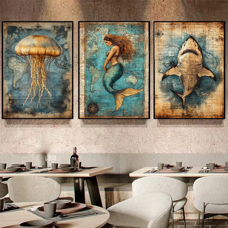 خمر بحري المشارك يطبع العتيقة البحر الكنز خريطة حائط لوح رسم صورة فنية لغرفة المعيشة ديكور المنزل الرجعية #2
