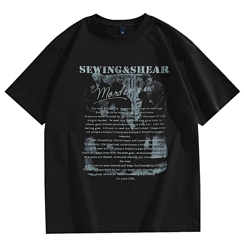 

2025 summer American cotton heavy T-shirt short sleeve men's loose black top fashion brand men's printed T-shirt