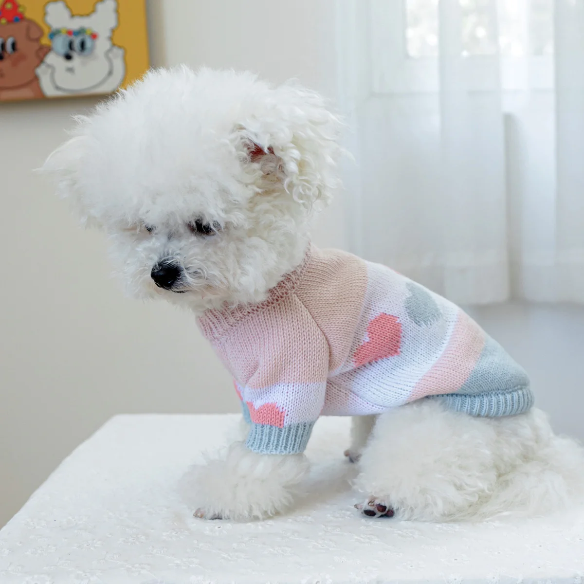 1PC Pet Clothing Dog Cat Spring and Autumn Hoodie Blue Pink Love Jacquard Sweater Suitable for Small and Medium sized Dogs