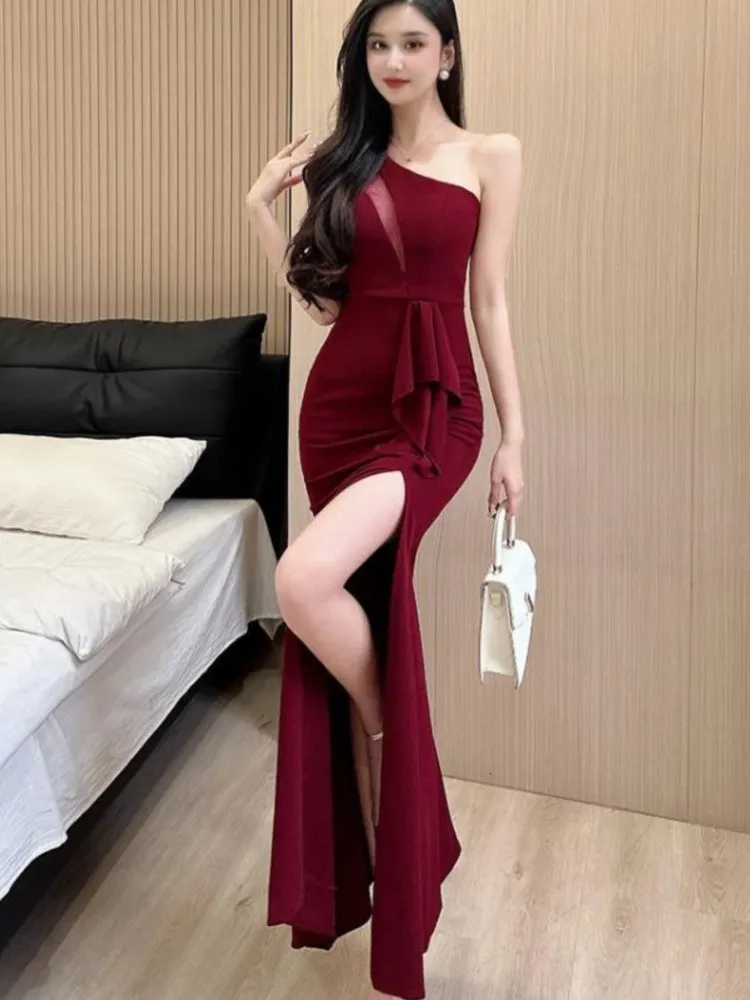 Women Sexy Backless Slim Split Long Dress Summer Fashion Elegant Sleeveless Off Shoulder Elegant Club Party Mesh Dresses