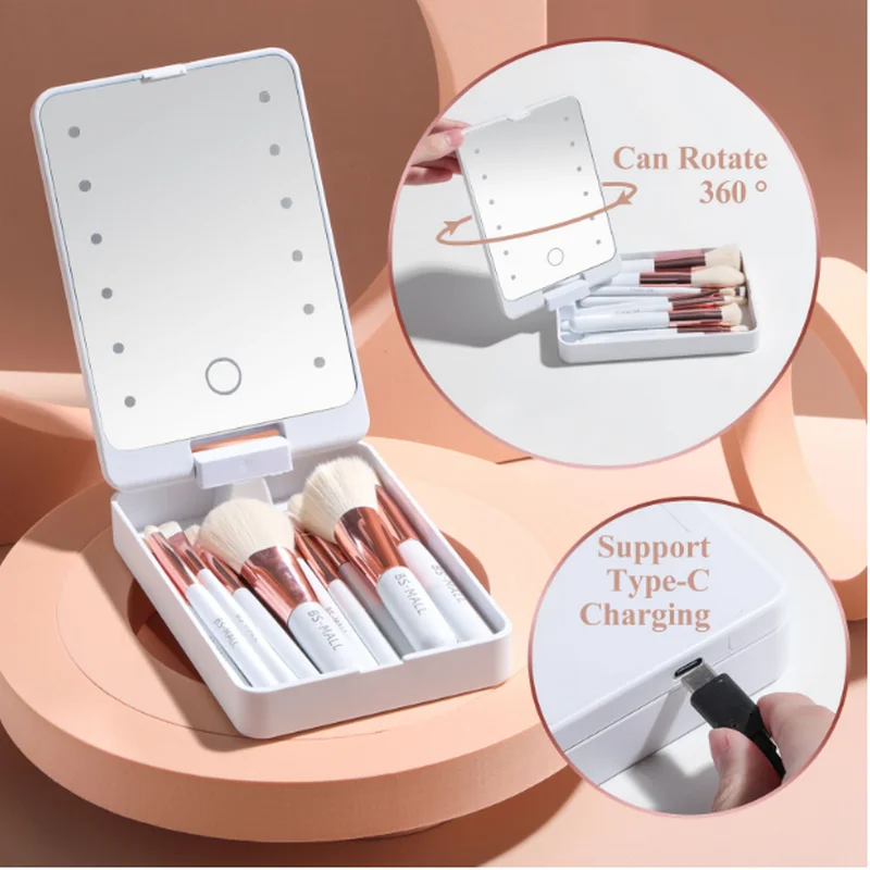 14 pièces pinceaux de maquillage ombres à paupières ensemble de maquillage avec Mini miroir LED, miroir cosmétique avec éclairage organisateur de pinceaux cosmétiques