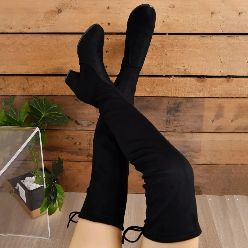 

2026 Suede Female Heels Autumn/ Winter Zipper Elastic Knee-high Boots for Women Tube Lace-up Thigh Boots Black Botas Women Shoes