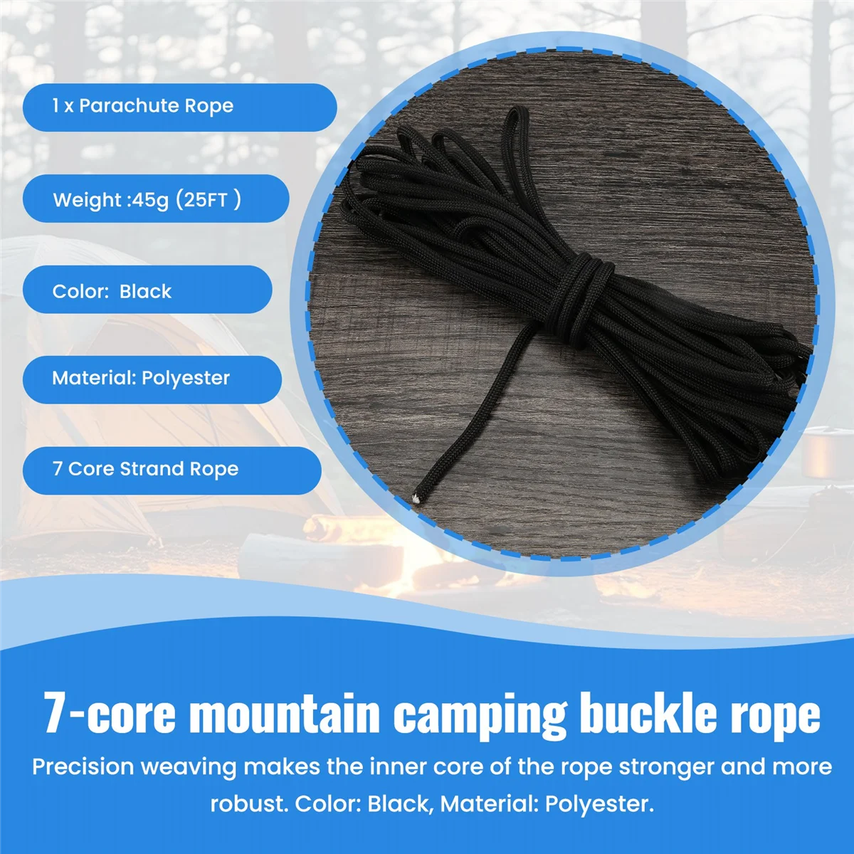 

ABAZJ Paracord 550 Parachute Rope 7 Core Strand for Climbing Camping Buckle Rope Black 25FT