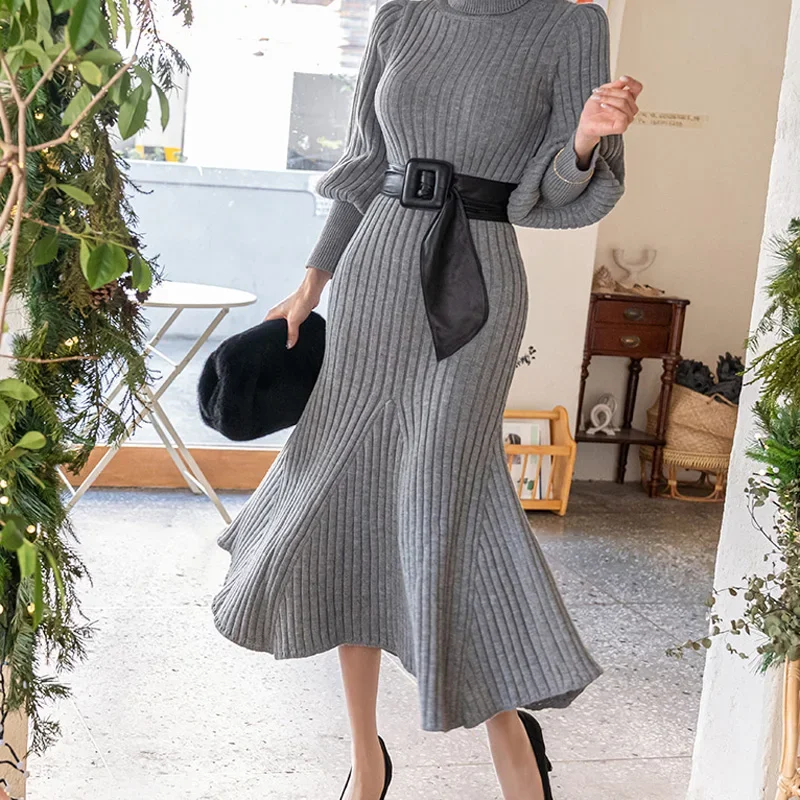 Fashion Autumn and Winter 2023 New Korean Style High Collar Slim Long Sleeve Frenulum Jersey Thick Midi Dress Women\'s Fashion