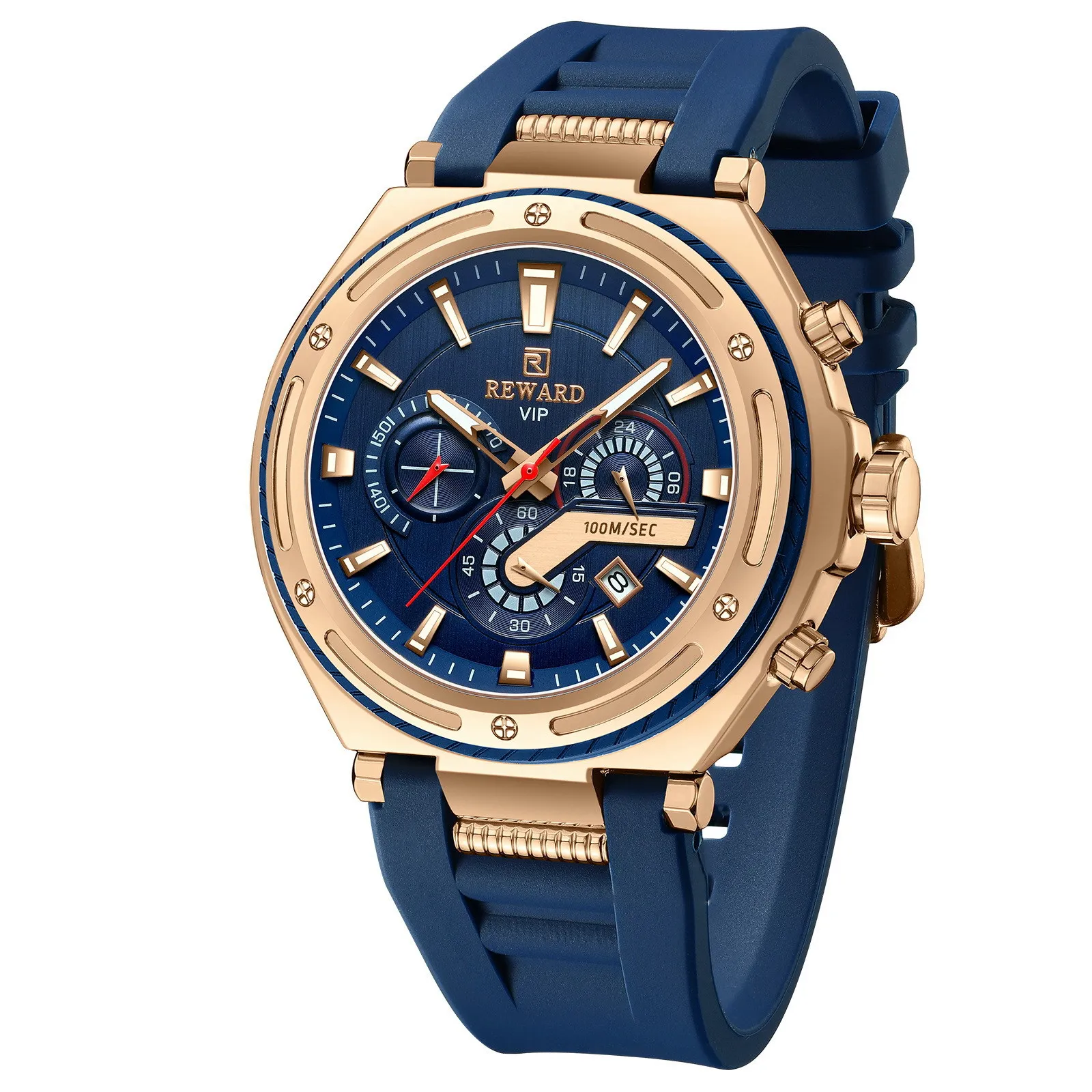 Men's Multifunctional Sport Quartz Watch with Silicone Strap Three Eyes Six Hands Timer Waterproof Watch