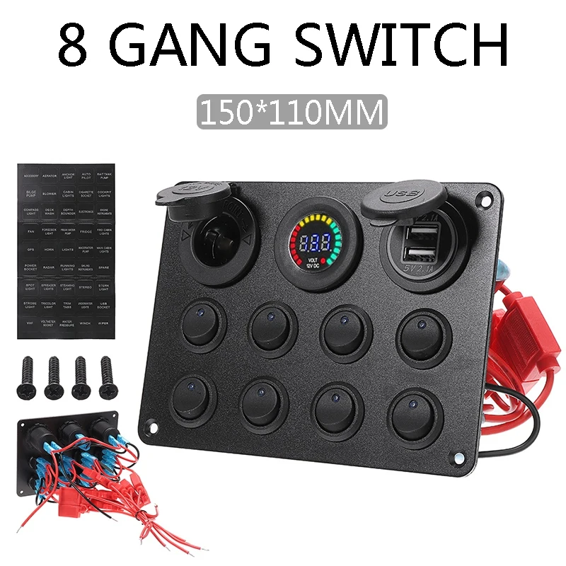 8 Gang Marine Boat LED Circuit Breaker Toggle Switch Panel With Digital Voltmeter Dual USB Port For Car Boat RV Truck