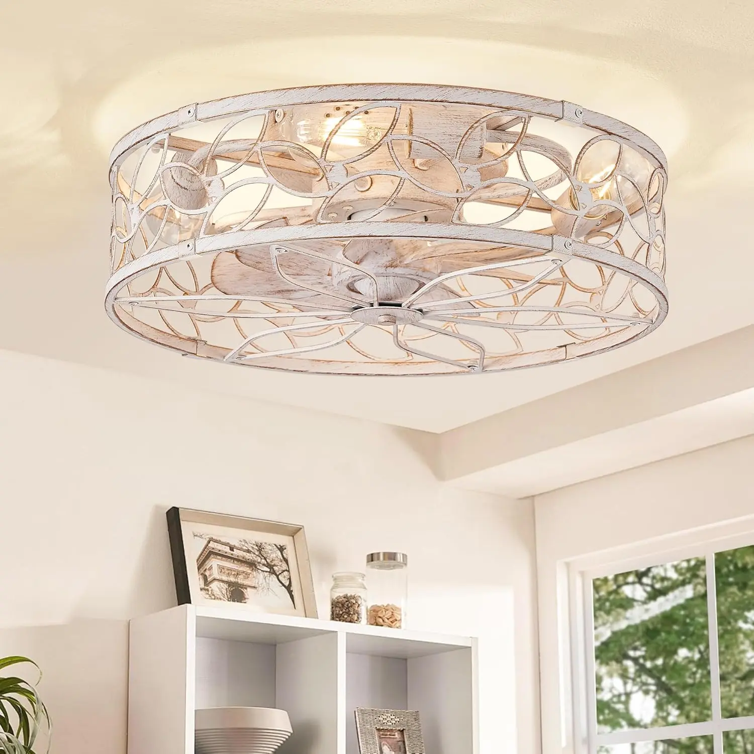 White-Gold Small Caged Bladeless Flush-Mount Ceiling Fan Light, Support Remote & APP Control, Minimalist Farmhouse Style for Bedroom, Kitchen & Dining Room