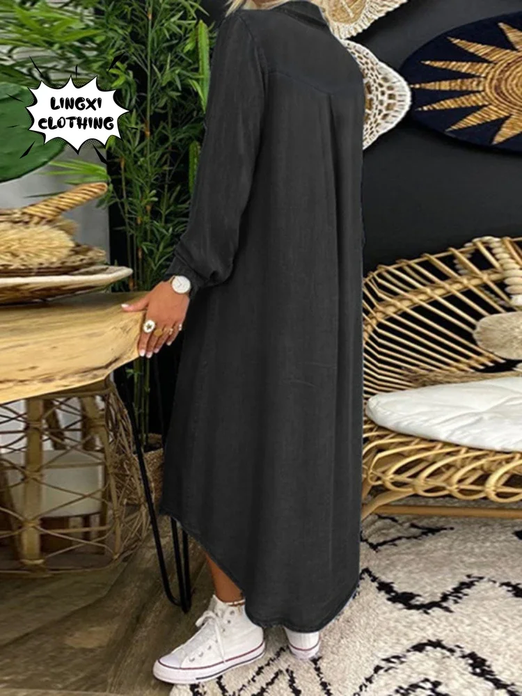 2024 Fashionable and Elegant Denim Long Dress New Poio Collar Single Breasted Denim Casual Retro Large Size Long Dress