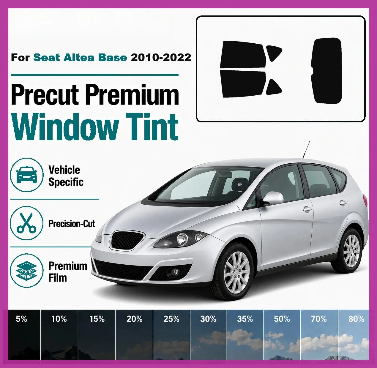 Premium Precut Window Tint Kit for Seat Altea Base 2010‑2022 Front Rear Windows UV Heat Rejection Anti‑Scratch Privacy Film