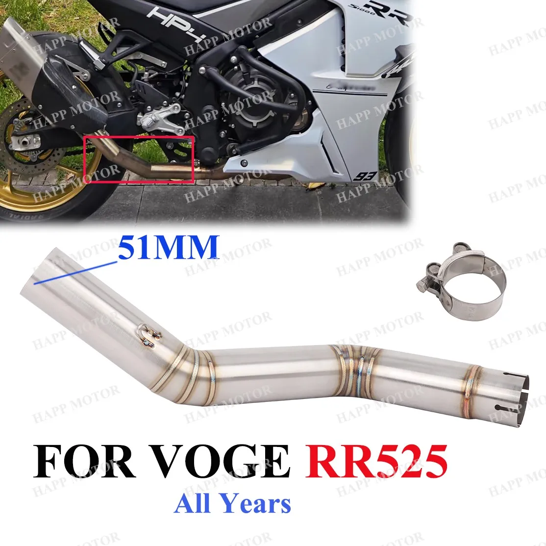 

For VOGE RR525 All Years Motorcycle Exhaust 51MM Middle Link Pipe Stainless Slip On RR525 Pipe