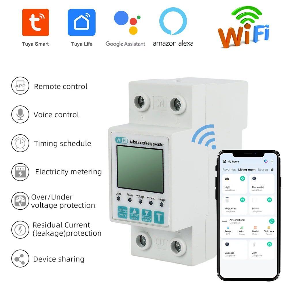 

Умный автоматический выключатель 2P63A Graffiti WiFi с функцией автоматического повторного включения и защитой от перенапряжения/пониженного напряжения