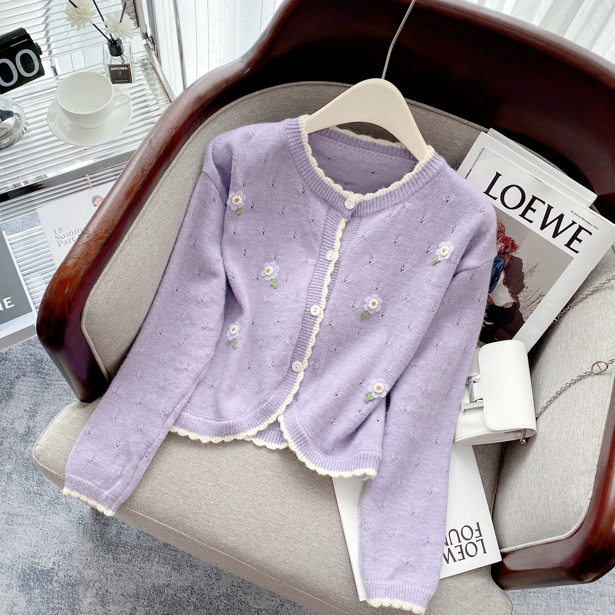 

Retro purple color matching short knit top for women's spring and autumn thin round neck cardigan sweater