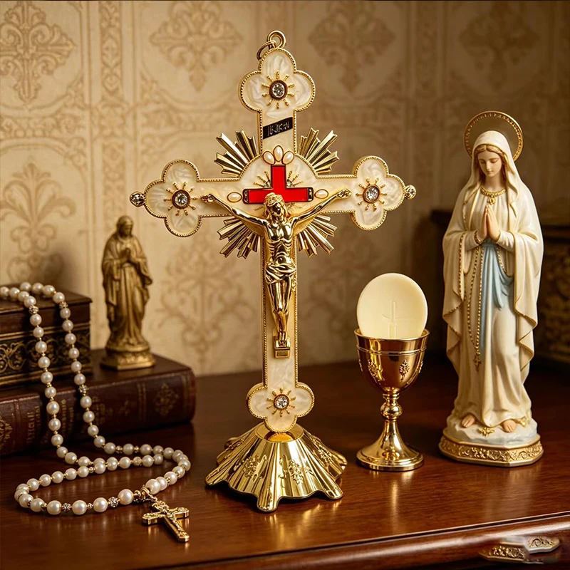 Handgefertigtes vergoldetes Kruzifix mit Perlmutt und Strasssteinen für katholischen Heimaltar, Gebet und religiöse Dekoration G – Detail 3