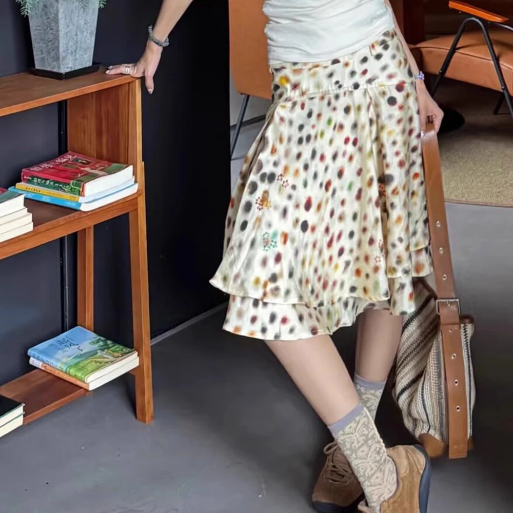 

New polka dot women's psychedelic polka dot double-layer oblique cut holiday style long fashionable and thin large size skirt