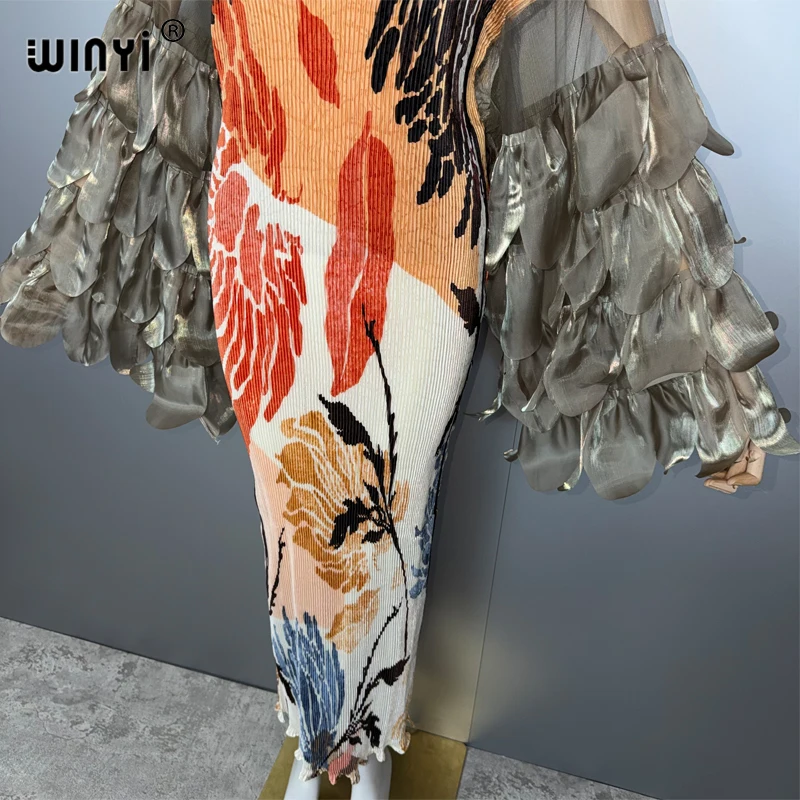 WINYI Elastic slim pleated dress beach cover up boho kaftan abaya dubai luxury party dress long down muslim woman evening dress - Image 3