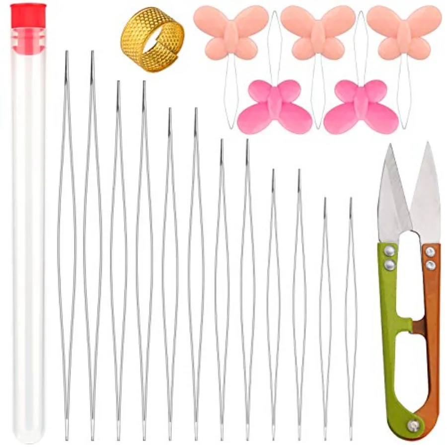 12 Pieces Beading Needles, 6 Size Collapsible Eye Needles for Beading with Needle Bottle, 5 Pcs Bead Needle Threader, Scissors