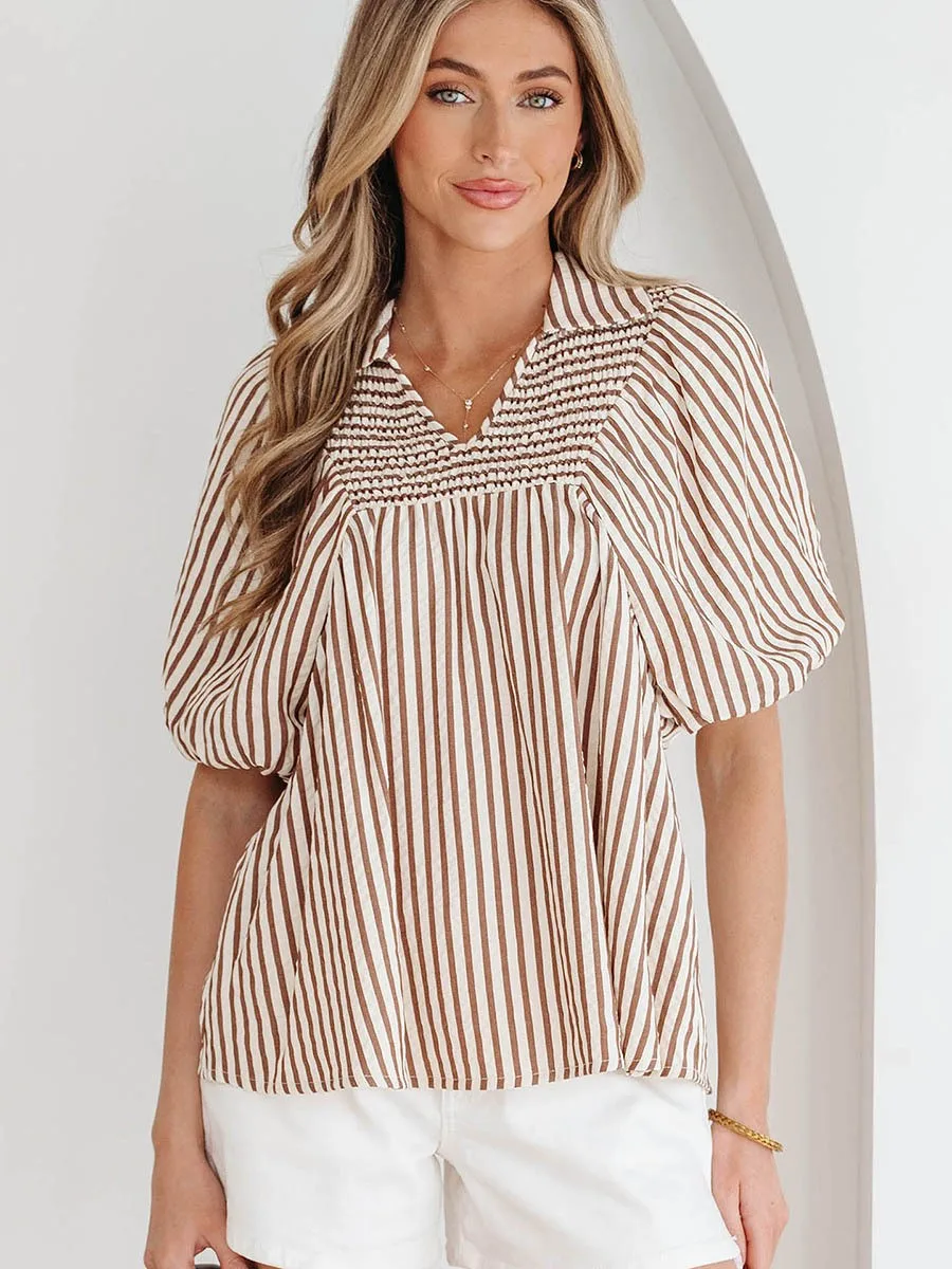 

Summer Women's Clothing V Neck Short Sleeve Blouse Striped Chiffon Top Woman Loose Polyester Casual Wear Elegant Office Style