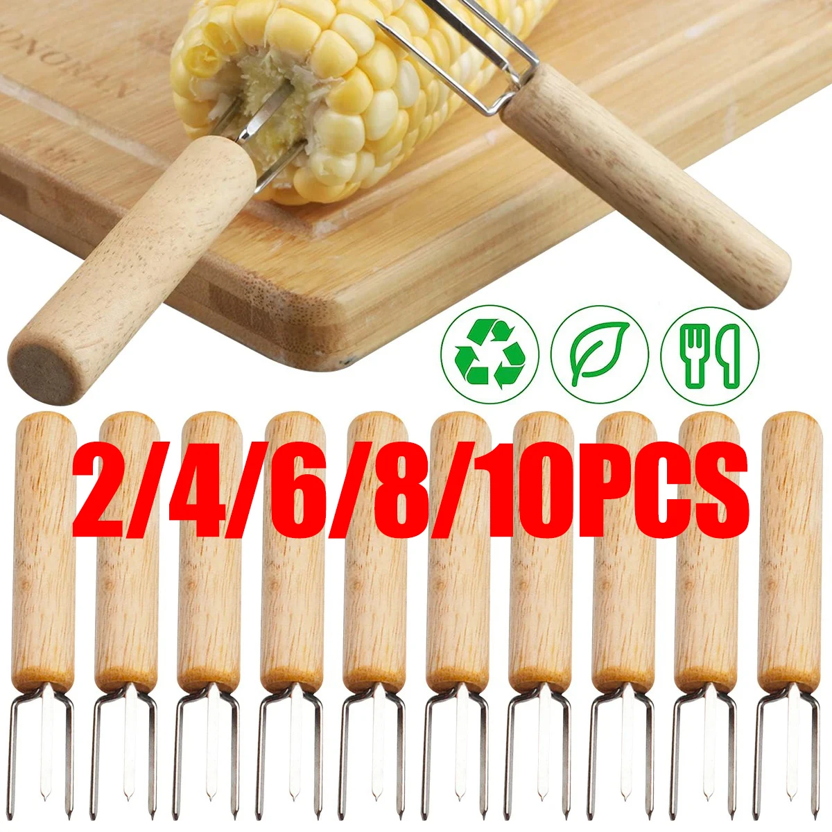 Stainless Steel Corn on The Cob Holders Fruit Forks with Wood Handle for Home Cooking and BBQ Twin Prong Sweetcorn Holders