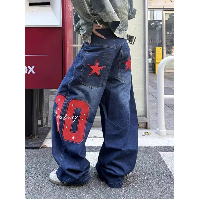 

ZHIZOU Women Blue Y2k Star Printing Jeans Harajuku American Vintage Denim Trousers 2000s Style Baggy Jeans Pants Clothes Autumn