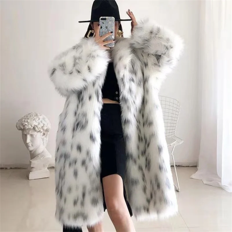 

S-5XL Russia Winter Thick Warm Loose Trench Black Dot Windbreaker Coat Women Faux Mink Fur Leopard Long Sleeves Overcoat