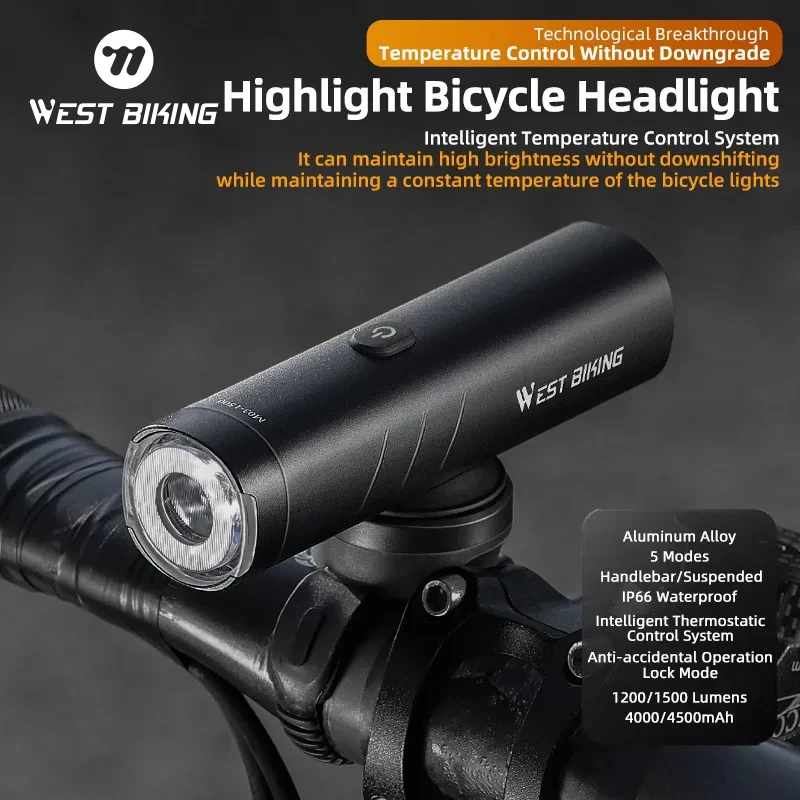 WEST BIKING Bicycle Headlight 600/1200/1500 Lumen IP66 Waterproof Bike Light Type-C Charging LED Flashlight Cycling Front Light