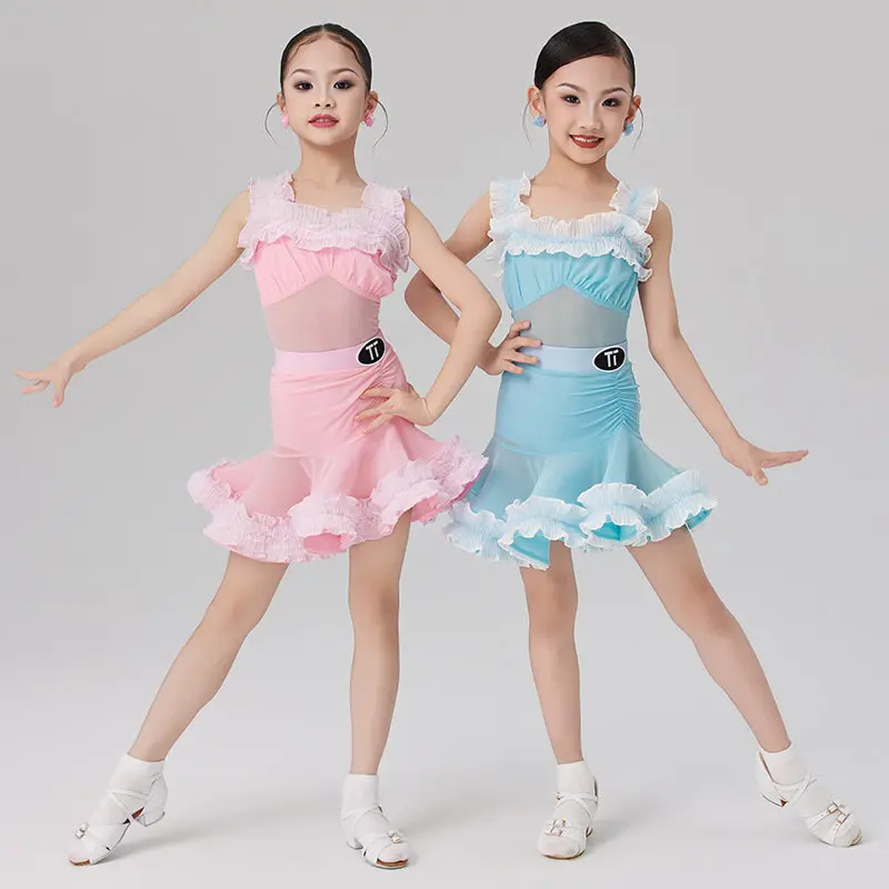 2026 Latein-Tanzkleid für Mädchen, ärmellos, Netzstoff, geteilter Anzug, Übungskleidung, Kinder-Chacha-Performance-Kostüme, Kleidung DN23642