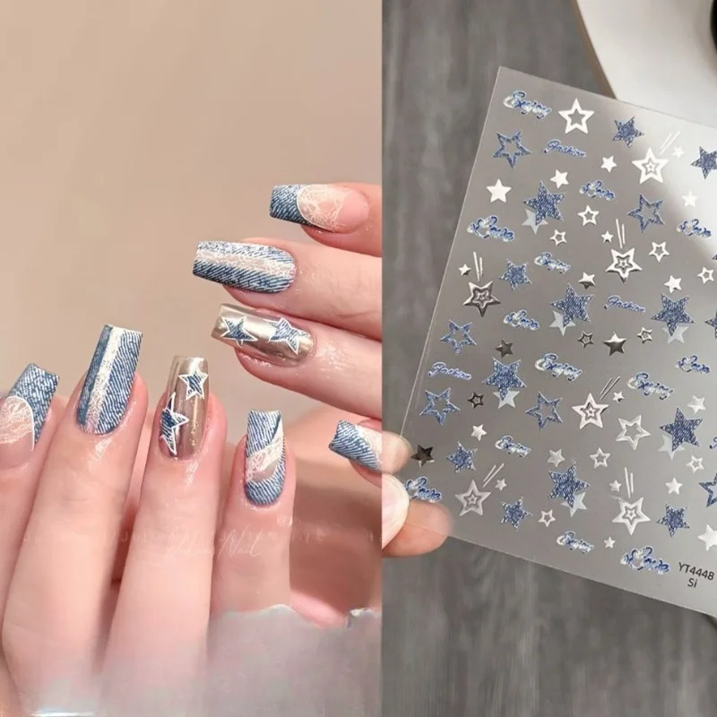 

1pcs Nail Decal Millennium Denim Star Embossed Silver-Blue Gray Exquisite Openwork Design Versatile for Any Nail Shape
