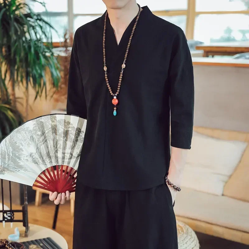 

Япония Harajuku Yukata вязаный кардиган с перьями кимоно мужская хлопковая и льняная рубашка с рукавами три четверти футболка