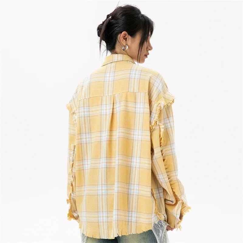 Elegant Women\'s Blouses 2024 Autumn 100 Cotton Yellow Plaid Shirts for Women Ladies Clothes in Offers Women\'s Long Sleeve Top