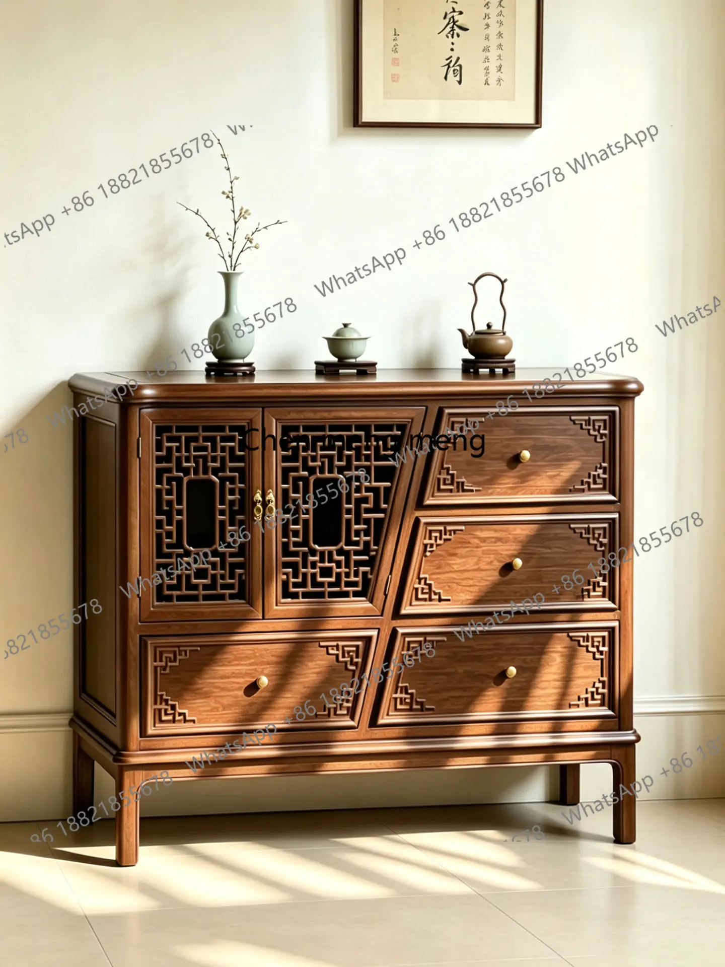 Song-style aesthetic black walnut dining side cabinet New Chinese-style Zen paper grille entrance cabinet