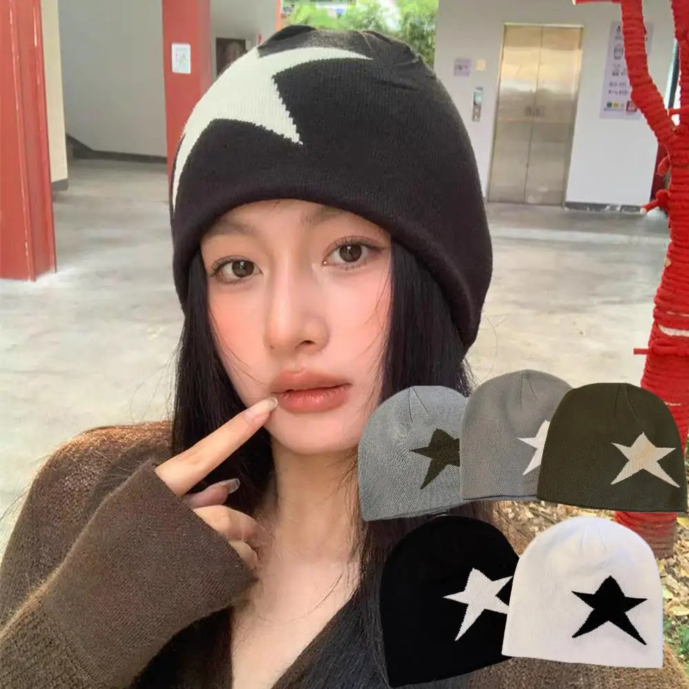 

Jacquard Knitted Beanie Hat Star Pattern Pullover Cold Hat Turtleneck Cable Knit Cap Street Style Wool Knitting Y2K Soft Hat