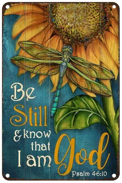 Vintage Metal Tin Sign Sunflower Painting Dragonfly Be Still And Know That I Am God Rustic Wall Decor For Home Bedroom Bar Cafe