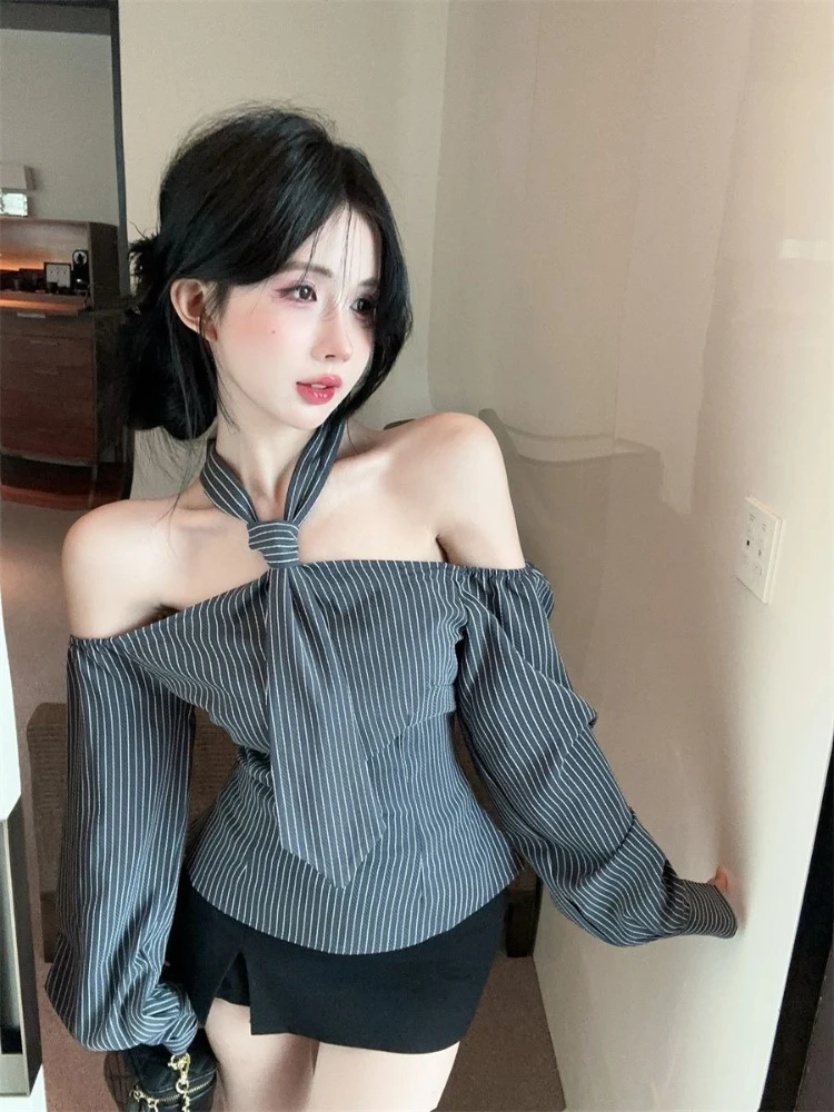 

Модная полосатая блузка с открытыми плечами, весенне-осенняя модная универсальная блузка, приталенная рубашка в корейском стиле
