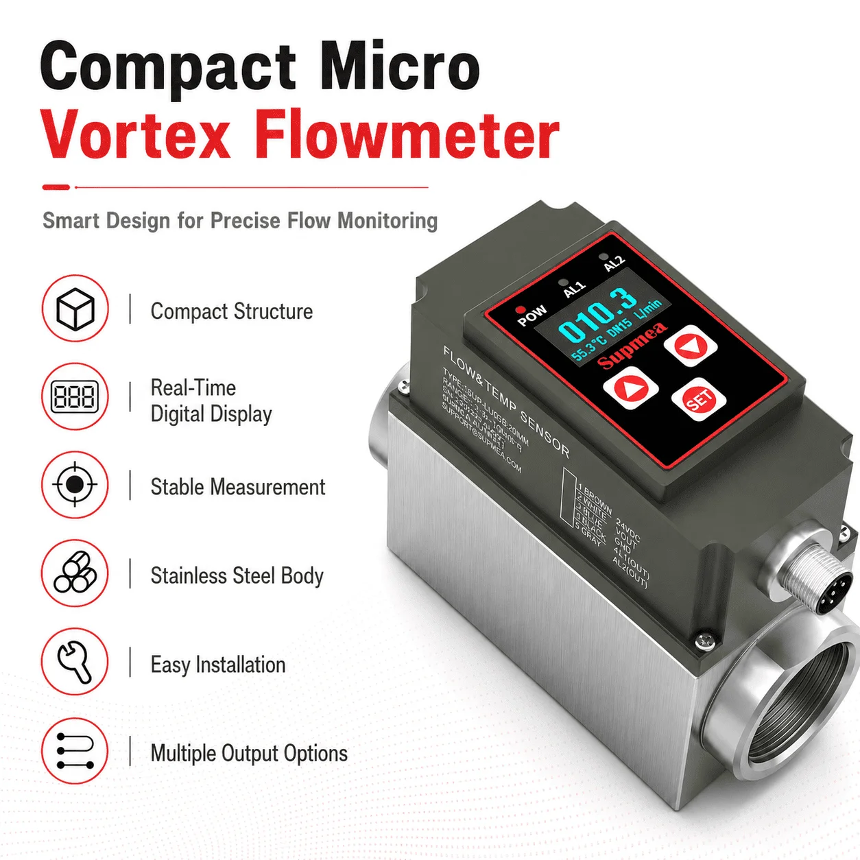 High Precision Micro Vortex Flowmeter ±1.0 Accuracy Pulse Output Alarm Indicator for Industrial Compact Process Line