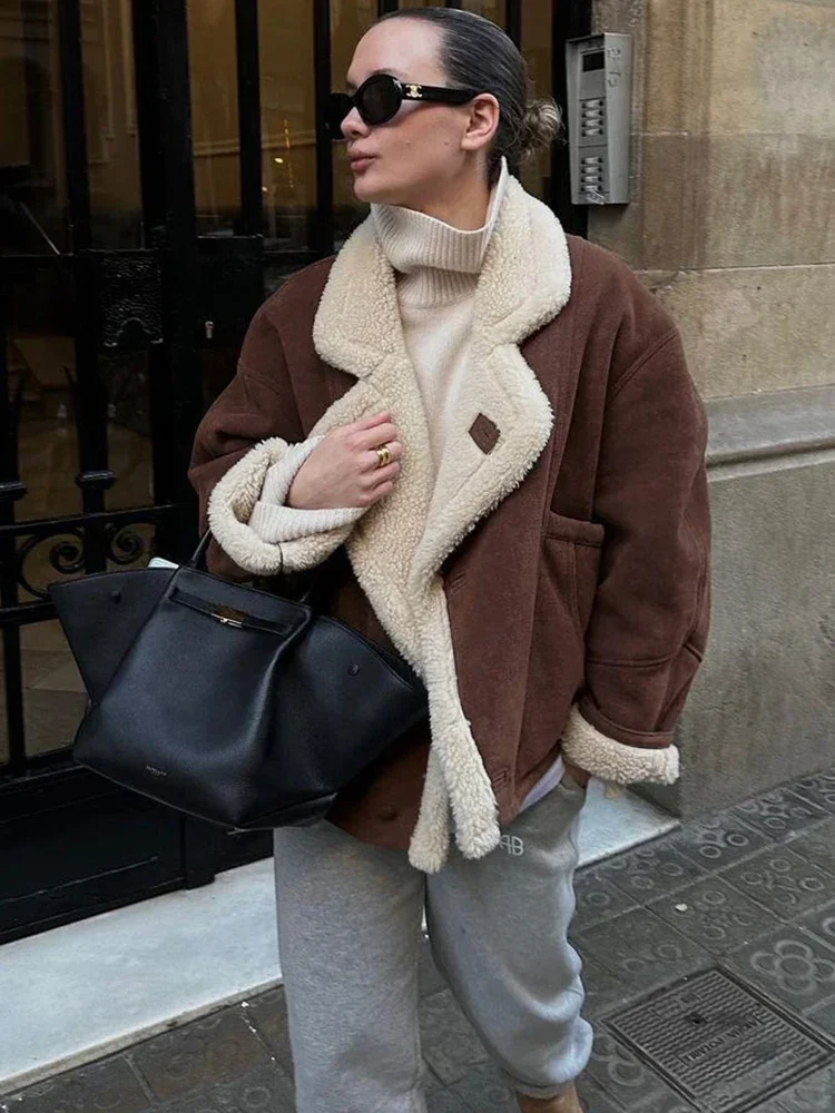 2505 جديد الشتاء سترة دافئة للنساء الشارع عادية فضفاض جيب المرقعة التلبيب سترة فام أنيقة خمر الجلد المدبوغ معاطف #3