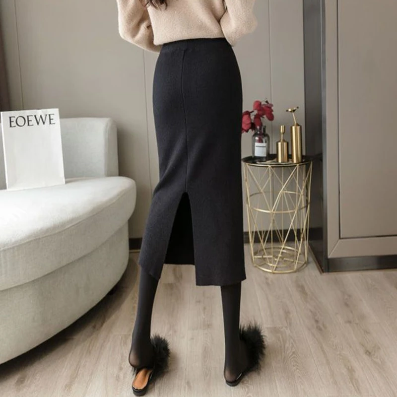 Autumn Winter Thick Knitted Skirt Women Office Black Pencil Skirts Korean Style High Waist 2026 Elegant Long Skirts for Women