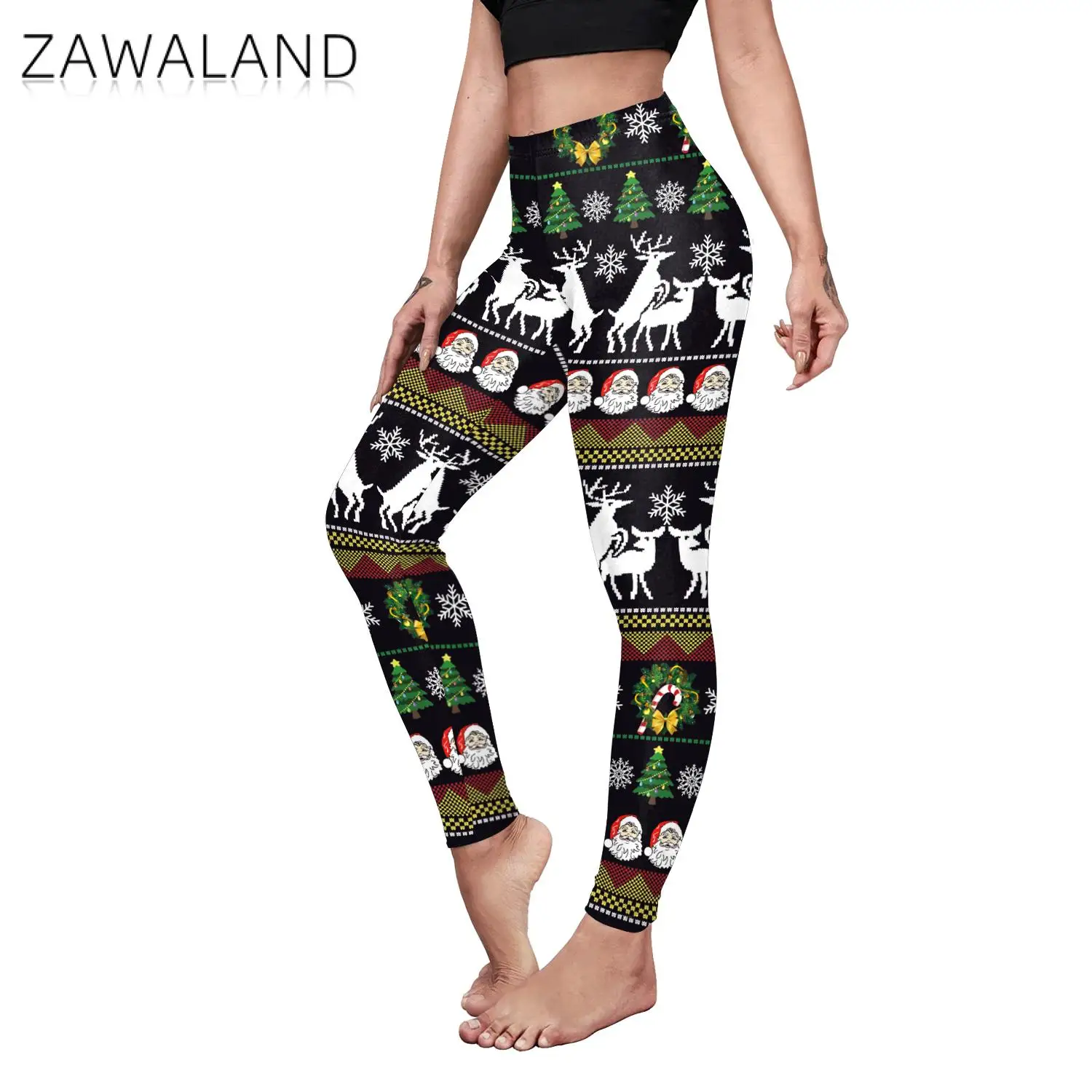 Zawaland Snowflake Elk Christmas Leggings Women Vintage Xmas Pants Sexy Tights Workout Trousers Festival Party Carnival Leggings