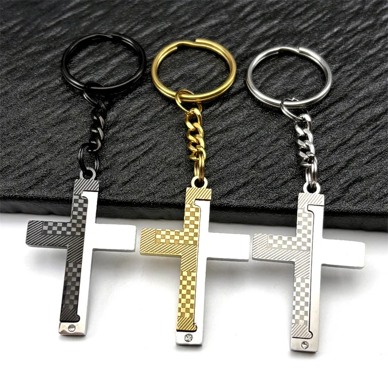 New Arrival Two Tone Cross Keychain Titanium Steel Minimalist Key Ring Trendy Fashion Hanging Accessory for Male