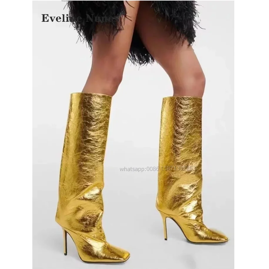 

Golden Shiny Knee High Boots Square Toe Stiletto Patchwork Pull On Women Booty Pleated Solid Sexy Shoes Runway Show Streetwear